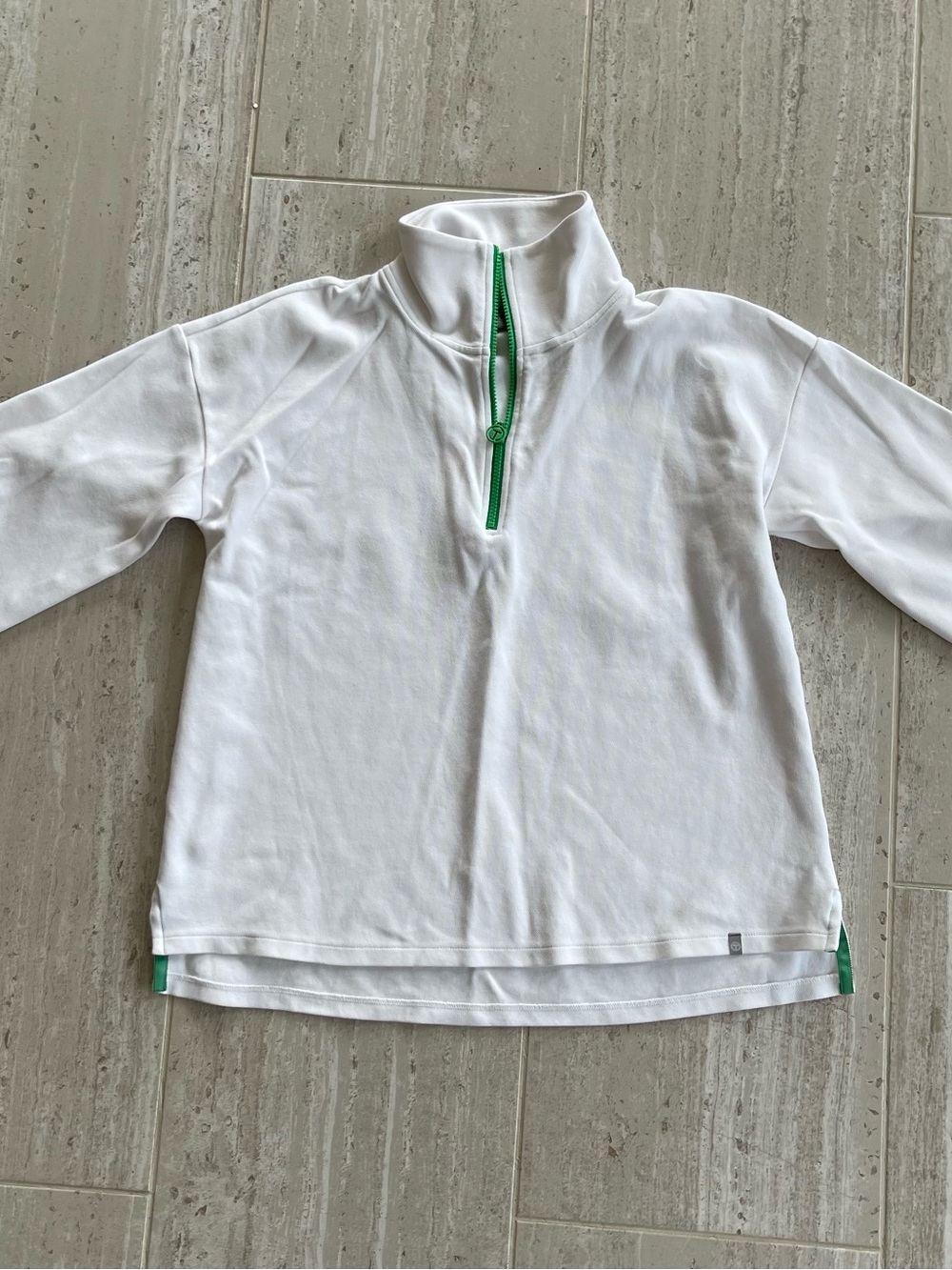 Talbots White Women’s Quarter-Zip Pullover with Green Trim, Large Petite